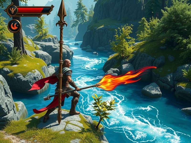 Sacred Stream Sentinel combat screenshot showing player fighting demons near a river