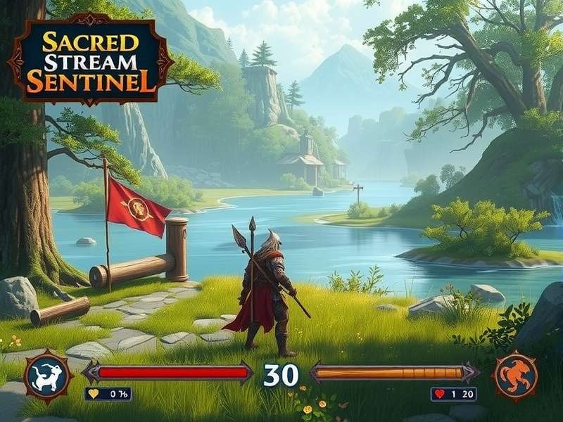 Sacred Stream Sentinel game hero image showing a warrior protecting a sacred river